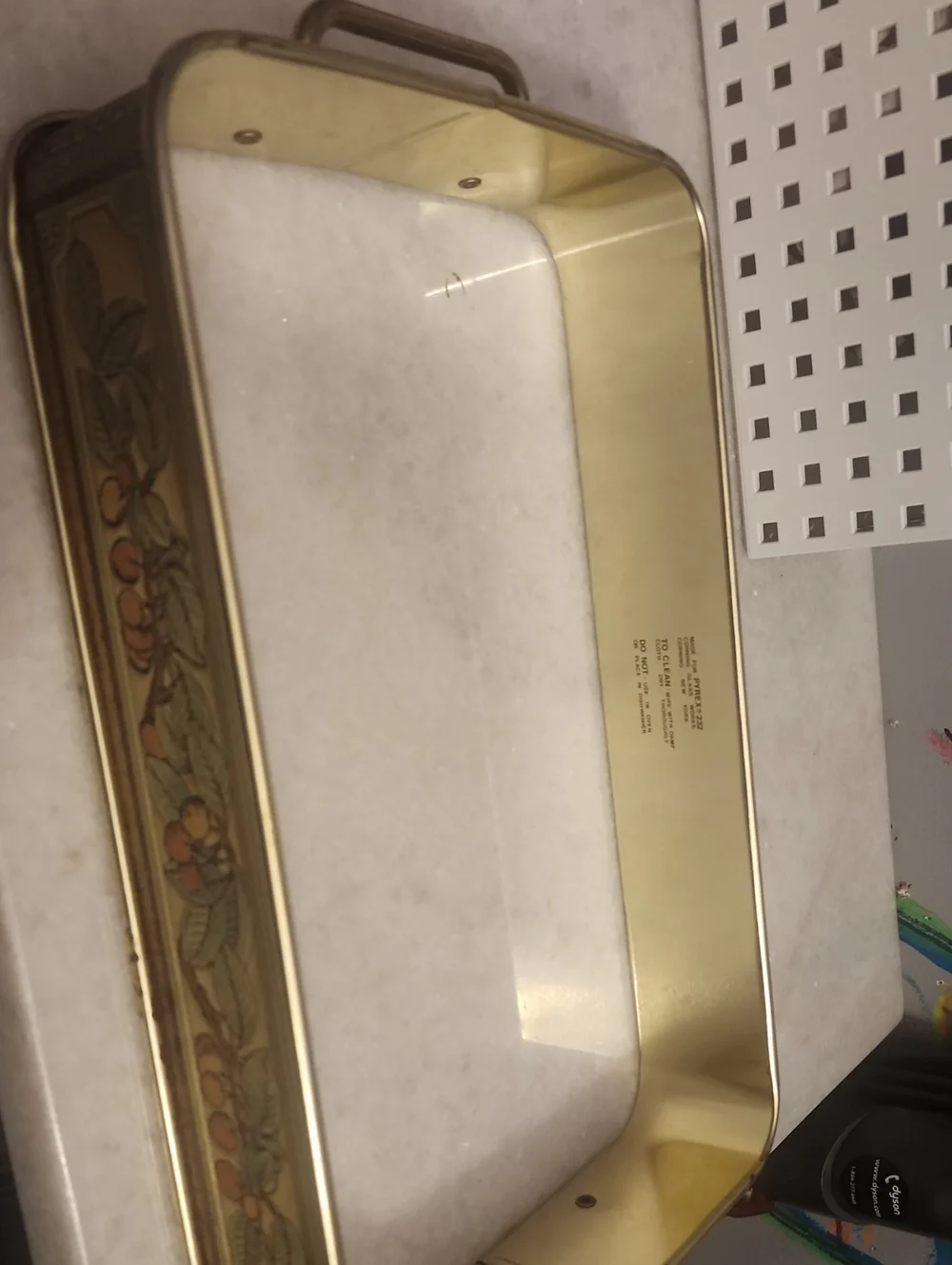 Pyrex Gold Metal Serving Tray with Fruit Motif